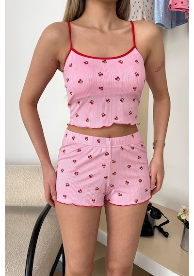 Giysa Kadın Askılı Kaplı Kiraz Desenli Şortlu Pijama Takımı Pembe - 3403