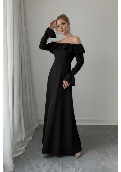 Defymoda Kadın Modern Kesim Fırfır Detaylı Elbise Siyah
