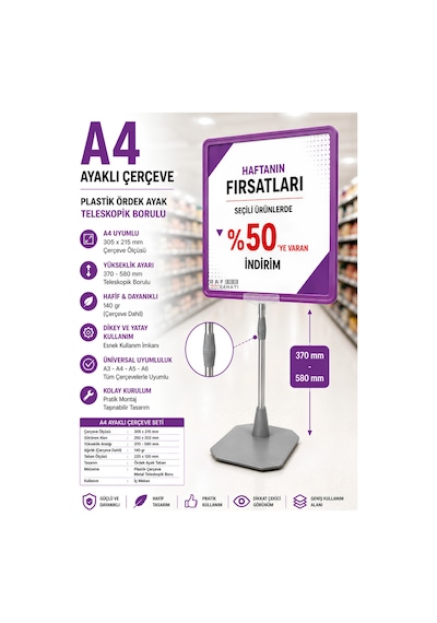 A4 Ayaklı Fiyat Etiketlik Teleskopik Borulu Çerçeve Etiketlik Yönlendirme Levhası Menü Panosu Mor