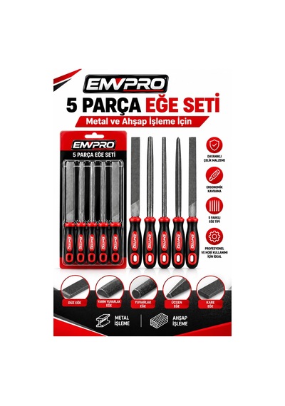 Emwpro 5 Parça Eğe Seti 200 Mm Metal Ahşap Törpüleme Ve Şekillendirme Takımı Düz Yuvarlak Yarım Yuva