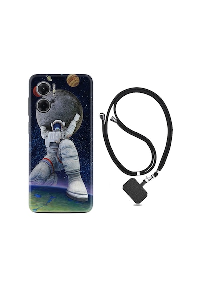 Xiaomi Redmi Note 11E Kılıf İpli Boyun Askılı Desenli Silikon Astronot ve Dünya 1759