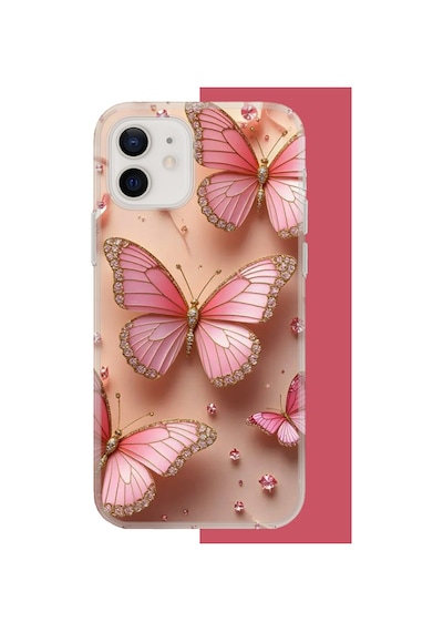 İphone 11 Uyumlu Pembe Taşlı Kelebek Uv Baskılı Silikon Kılıf Renkli
