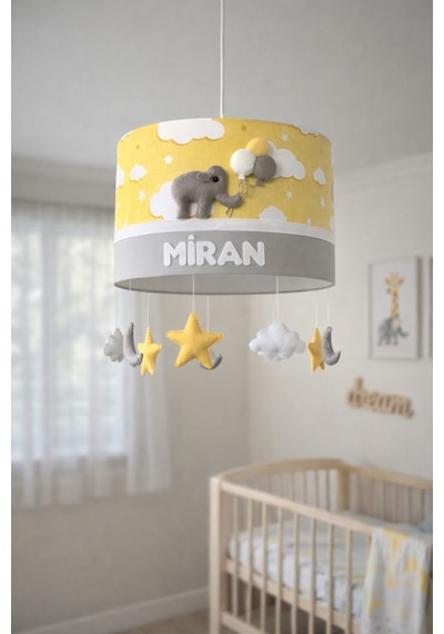 Bebek Odası Avizesi El Yapımı Figürlü Çocuk Sarkıt Aydınlatma 30x20 Cm Sarı Gri Beyaz