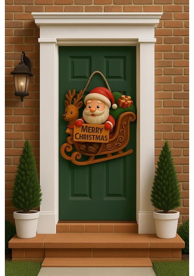 Noel Babalı Kızaklı Hediye Paketli Yılbaşı Geyikli Kapı Süsü Ahşap Noel Kapı Süsü Yılbaşı Mazemeleri Temalı Hediyeler 2026 25-30 Cm