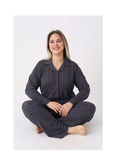 Estiva Kadın Yıldız Desenli Lacivert Önden Düğmeli Soft Battal Pijama Takımı Çok renkli