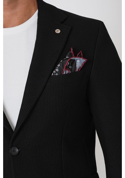 Slim Fit Torba Cepli Fitilli Dokuma Esnek Yünlü Siyah Ceket C 747