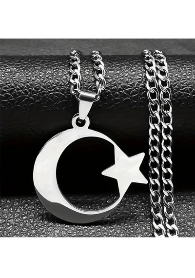 Ay Yıldız Türk Bayrağı Paslanmaz Çelik Kalın Zincirli Kolye 65cm Silver