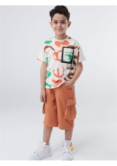 Escabel Erkek Çocuk Pamuklu Batik Desenli Yarım Kol Tshirt-12831-bej Bej