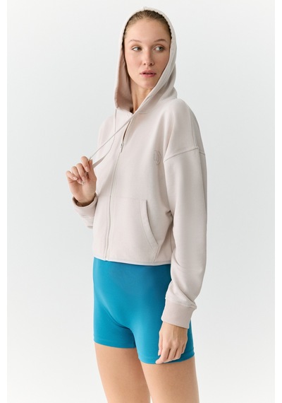Urban Beat Charısma Kadın Kapüşonlu Relaxed Fermuarlı Baskı Detaylı Taş Rengi Sweatshirt Taş Rengi