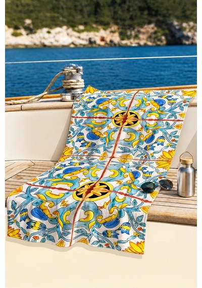 Çini Desenli Etnik Floral Plaj Havlusu - Akdeniz Bohem Mavi Sarı Hızlı Kuruyan Mikrofiber Havlu Sakin Esinti