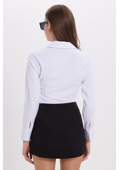 Tudors Kadın Slim Fit Dar Kesim Klasik Yaka Uzun Kollu Beyaz Gömlek-40337 Beyaz