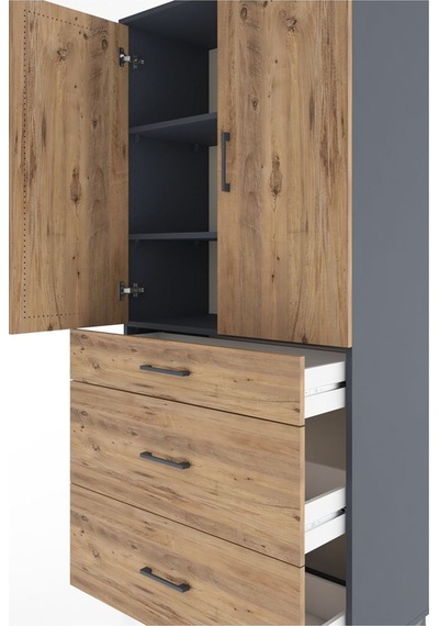 Hyperion Dolap 3 Raflı 3 Çekmeceli 2 Kapaklı 88x44x195 Antrasit-çam Antrasit