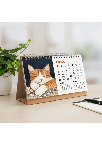 2027 Kedili Masa Takvimi Üç Aylık Takvim - Önceki Ay Sonraki Ay Kedi Severlere Hediye