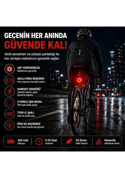 Triline Akıllı Bisiklet Kuyruk Lambası Fren Sensörlü Type-c Şarjlı Ipx6 Su Geçirmez Led Arka Stop Işığı Siyah