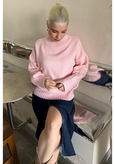 Madmext Pembe Boğazlı Kadın Triko Kazak Mg2535 Pembe