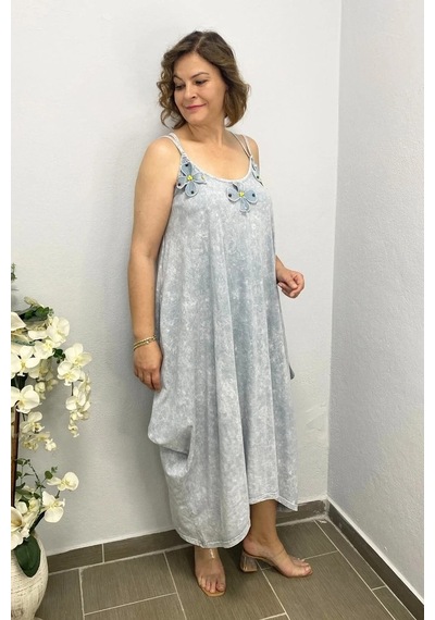 Mia Butik Büyük Beden Gri Pamuklu Şalvar Kesim Çiçekli Elbise Gri