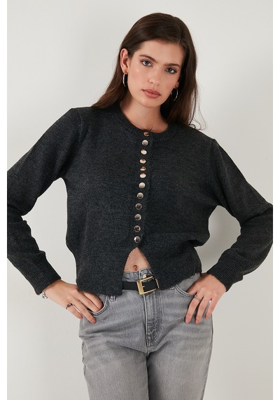 Lela Premium Comfort Fit Yuvarlak Yaka Crop Triko Bayan Hırka 680Hi00164 Antrasit