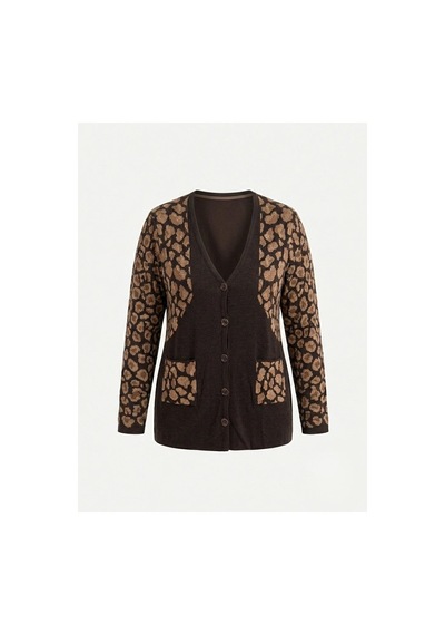 Onno Style Women Simli Leopar Desen Klasik Düğmeli Ceket Kahverengi