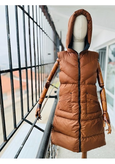 Çift Cepli Rivet Detayı Dolumlu Uzun Şişme Yelek 001