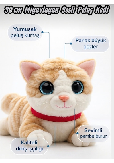 Sevimli Kedi Peluş Yavru Kedi Sesli Miyavlayan Peluş Kedi Uyku Arkadaşı 30 Cm Bej