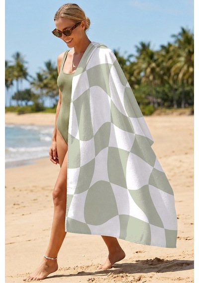 Modern Geometrik Ekose Plaj Havlusu - Soyut Adaçayı Yeşili Minimalist Hızlı Kuruyan Mikrofiber Havlu Çok Renkli