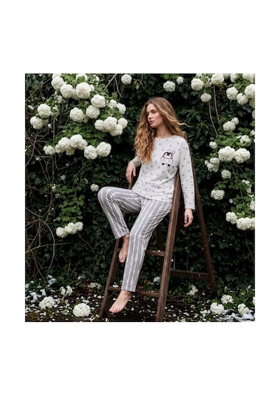Pijamoni Kadın Sofya Kumaş Bisiklet Yaka Pijama Takımı Desenli Beyaz