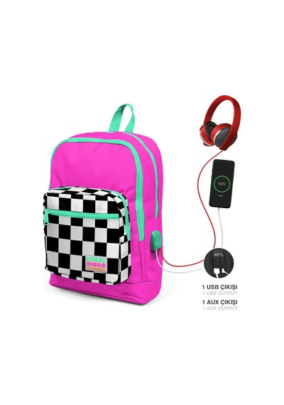 Coral High Kids Pembe Dama Desenli Usb Şarjlı Kulaklık Çıkışlı Okul Çantası