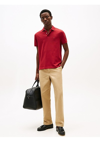Tommy Hilfiger Erkek Dokuma Polo Yaka Kısa Kol Günlük Kırmızı T-shirt-15569 Regatta Red