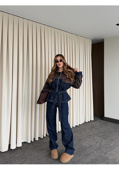 Laluvia Lacivert - Kahve Bağlamalı Ceket Pantolon Denim Takım - 0836 Lacivert