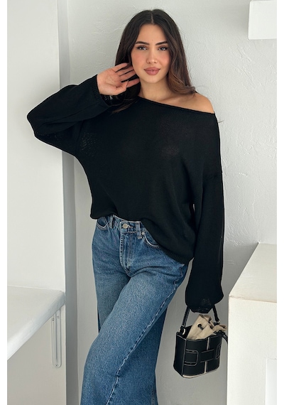 Noa & Noa Kadın Omuz Açık Salaş Triko Kazak Soft Elegance Siyah
