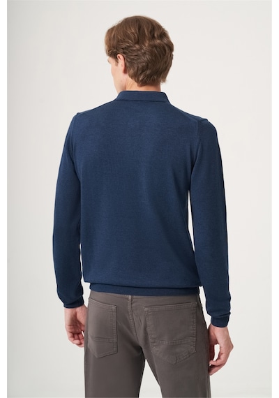 İmza İndigo Polo Yaka Uzun Kol Örme Comfort Fit Pamuklu Kazak 1012265150 Indigo Mavi