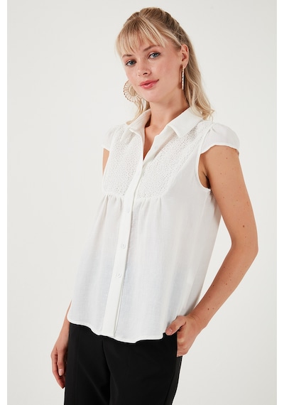 Lela Dantel Detaylı Kısa Kollu Regular Fit Bayan Gömlek 611Go0215 Ekru