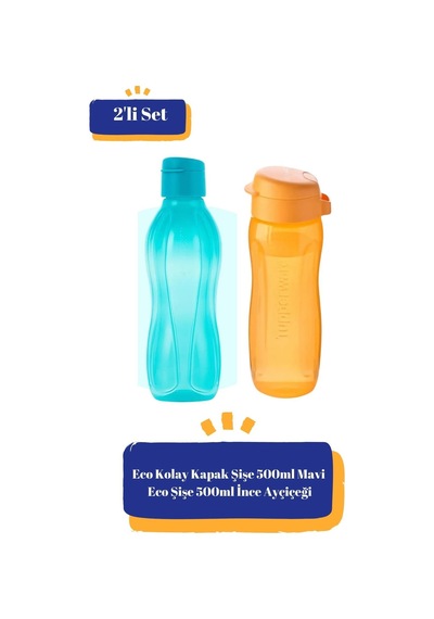 Eco Kolay Kapak Şişe 500 Ml Mavi Ve İnce Ayçiçeği Suluk Matara Çevre Dostu 2'li Set Mavi