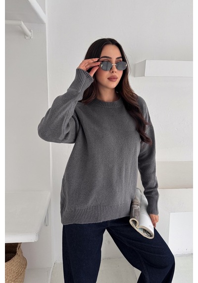 Femelle Kadın Füme Standart Beden Oversize Basic Triko Kazak - 357bnd Gri