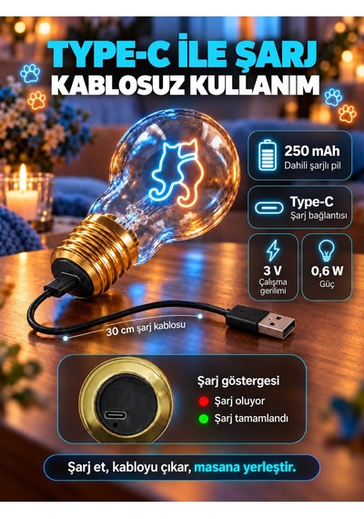 Dost Kediler Neon Dekoratif Masa Lambası Ampul Şeklinde Yeni Nesil Aydınlatma Kedi Arkadaş Çok Renkli