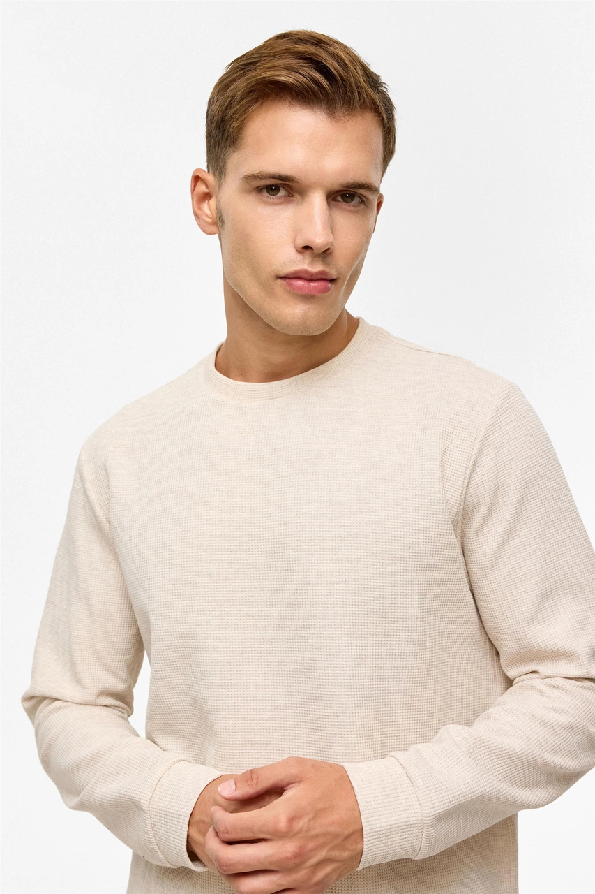 Süvari Bej Regular Düz Bisiklet Yaka Sweatshirt-38782 Bej