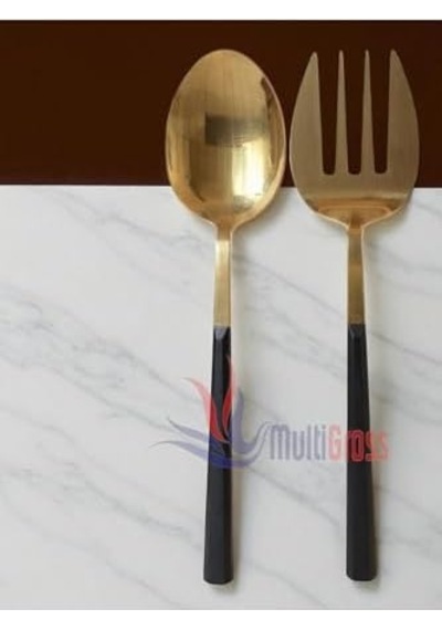 Büyük Boy Çelik Servis Kaşığı Servis Çatalı 27 Cm 2li Set, Altın Açık Gri
