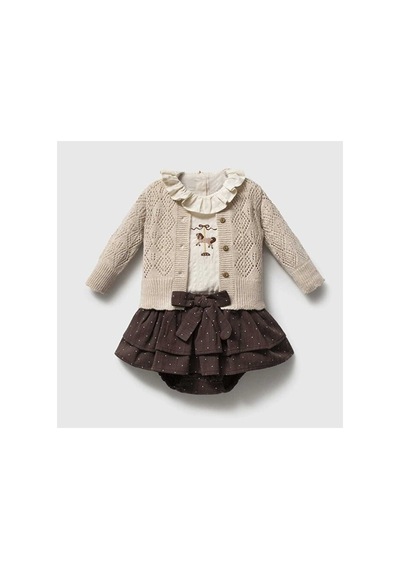 Ministok Charlotte Carousel Nakışlı Triko Hırka, Blüz, Şortlu 3'lü Kız Beb Bej
