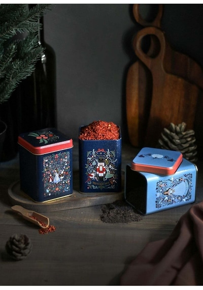 Fairytale Desenli 3'lü Kare Metal Saklama Kabı Seti, 7,5 X 7,5 X 10 Cm, 0,5 Lt