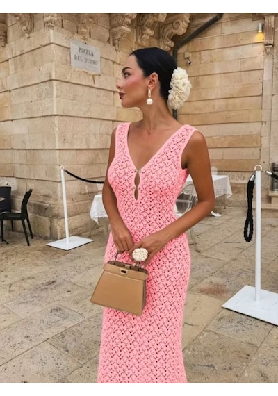 Buğrahayalin Kadın Askılı V Yakalı Uzun Triko Elbise Pembe