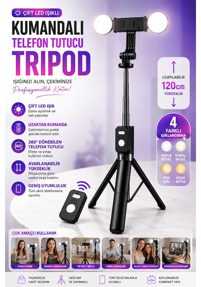 Mpıa Kumandalı Çift Led Işıklı Telefon Tutucu Tripod 360 Döner Ayarlanabilir Uzunluk Selfie Video Standı Siyah