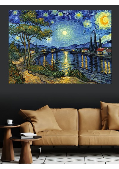 Van Gogh Tarzı Gece Şehri Dekoratif Kanvas - Mdf Ahşap Tablo