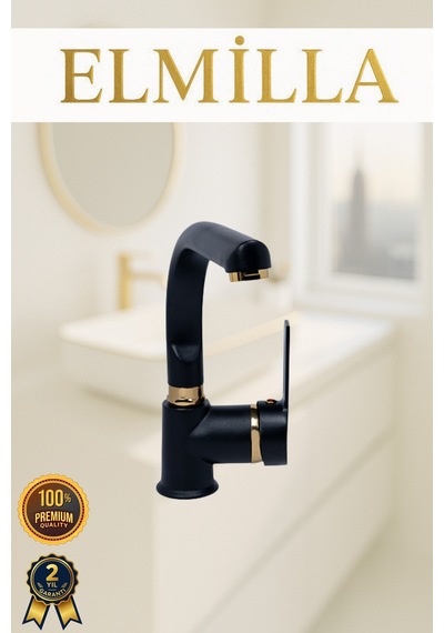 Siyah Gold Armut Delta Kol Balık Sırtı Borulu Banyo Lavabo Bataryası Çeşmesi Musluğu Çift Su Girişli
