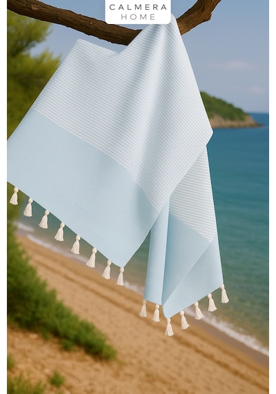 Calmera Çizgili Peştemal Pamuk - Doğal Saçaklı Plaj, Deniz, Havuz, Spa, Sauna, Spor, Seyahat Havlu - Mavi