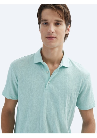 Kip Su Yeşili Düz Polo Yaka Pamuk Karışımlı T-shirt Su Yeşili