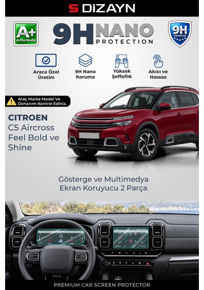 S-dizayn Citroen C5 Aircross Feel Bold Ve Shine 12.3 Ve 8 İnç 9h Nano Gösterge Ve Multimedya Ekran Koruyucu 2'li Set Parlak 2019-2021 A+ Kalite