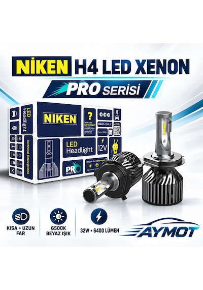 Niken H4 Pro Serisi Led Xenon Far Ampulü Kısa Uzun 6500k Beyaz Işık -