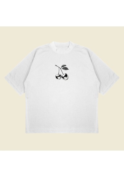 Startmore Silver Cherry Baskılı Oversize Unisex Pamuklu Nefes Alan Kalın Kumaşlı Beyaz