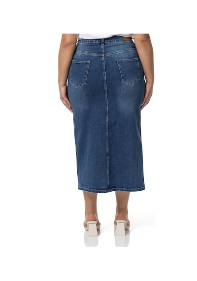 Disentis Büyük Beden Önden Yırtmaç Detaylı Beş Cepli Midi Denim Mavi Etek-mavi Mavi