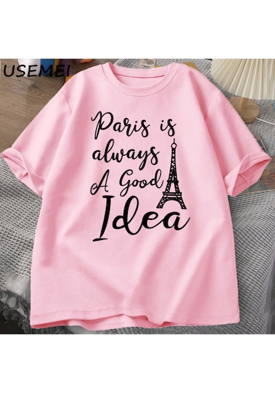 Flood Of Style Erkekler T En Kaliteli Baskı Paris T-shirt Rahat Tatil Moda O Boyun Kazak Pamuk Kısa K Pembe